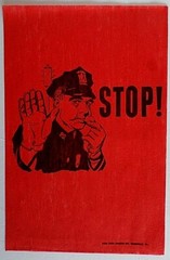 Policeman Blowing Whistle «Stop» screen printed on red felt 60s? 14″x9″