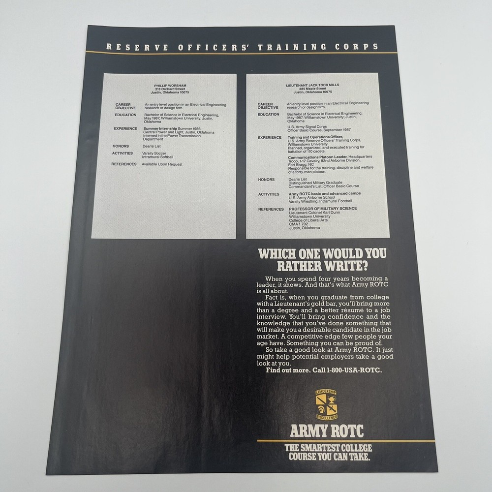 1988 US Army ROTC Print Ad 8″X11″ the smartest college course better resume