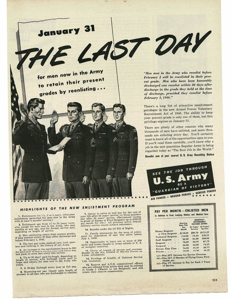 1945 U.S. Army Recruiting Recruitment Reenlist WWII Vintage Print Ad shows pay