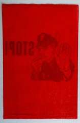 Policeman Blowing Whistle «Stop» screen printed on red felt 60s? 14″x9″
