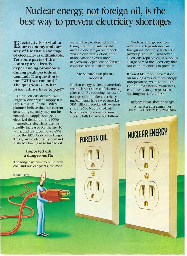 1988 U.S. Council for Energy Awareness Nuclear Not Oil Vintage Print Ad/Poster