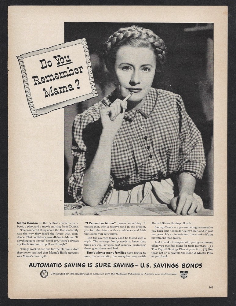 1948 US Savings Bonds Print Ad «Do You Remember Mama?» IRENE DUNNE