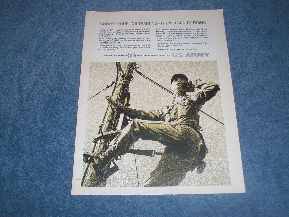 1961 US Army Recruiting Vintage Ad with Lineman «Choose your Job Training…»