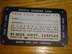 1940’s vintage Bi-Mor Government Surplus Official Discount Card Schenectady, NY
