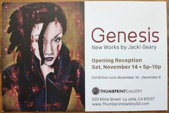 Thumbprint Gallery La Jolla postcard for Jacki Geary reception «Genesis» Nov. 14