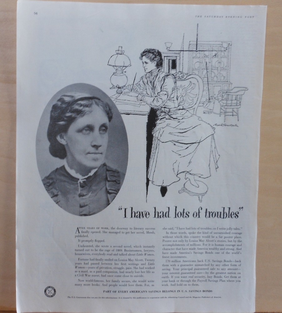 1957 magazine ad for US Savings Bonds – Louisa May Alcott, had lots of troubles