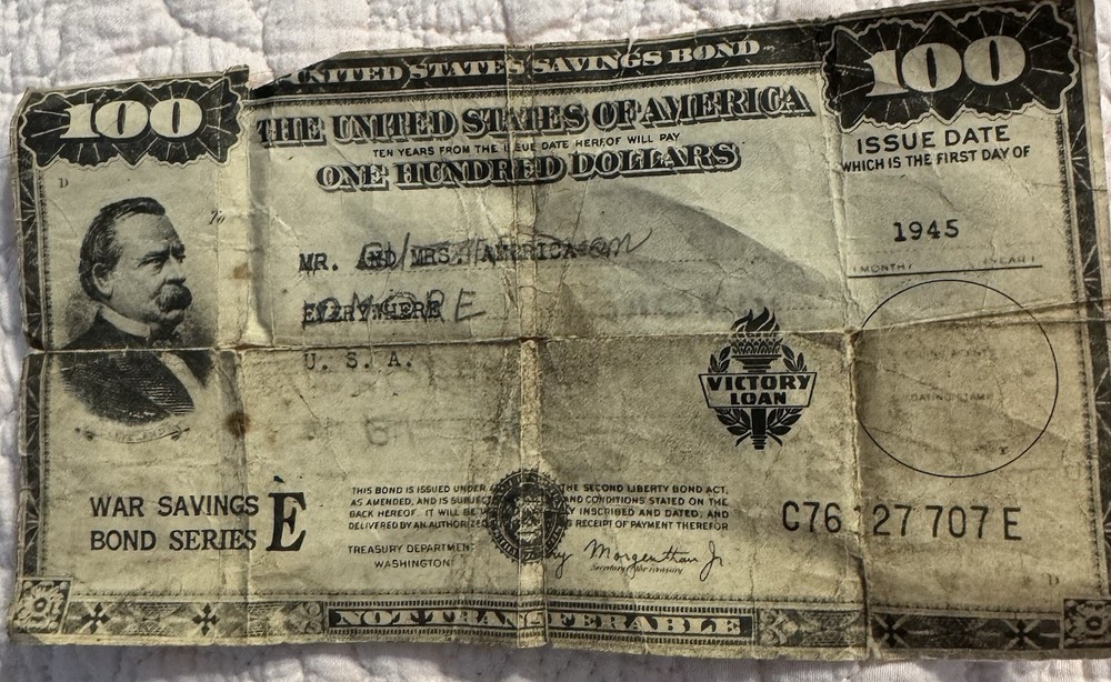 1945 U.S. Treasury War Savings Bond Series E WWII Vintage $100