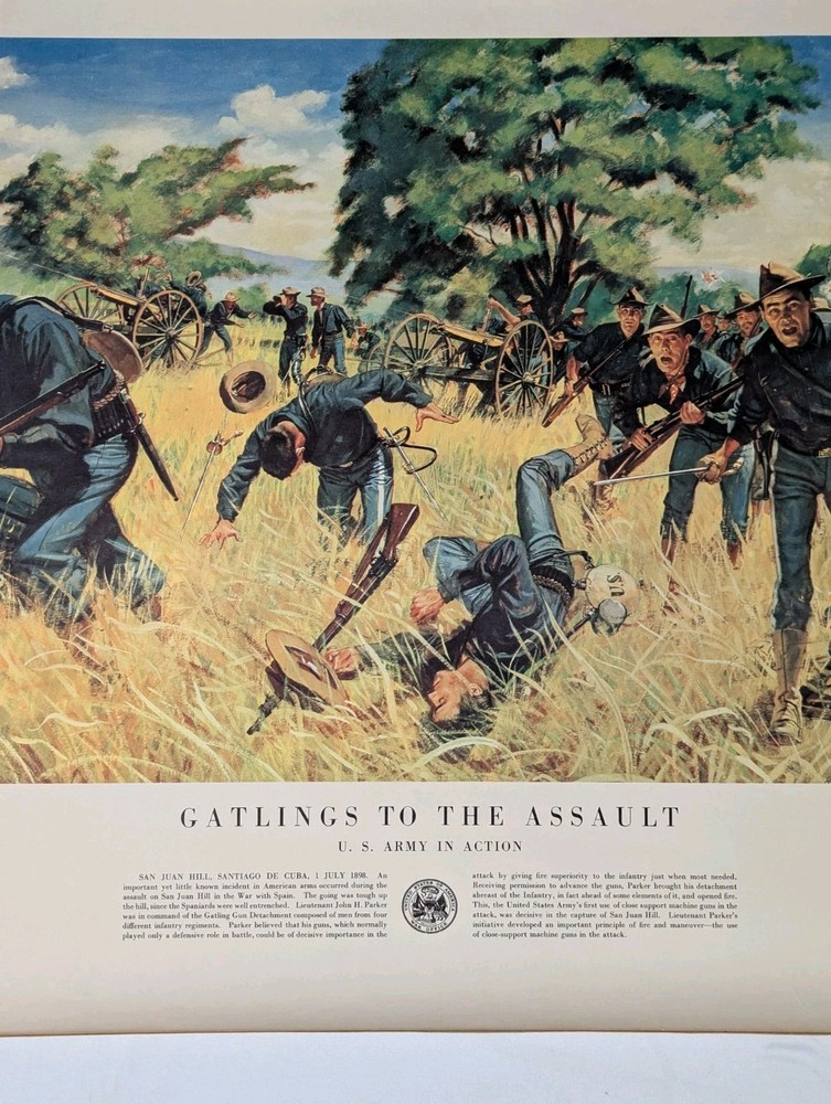 VINTAGE 1953 DEPT OF U.S. ARMY POSTER GATLINGS TO THE ASSAULT #21-46 VFW 1898