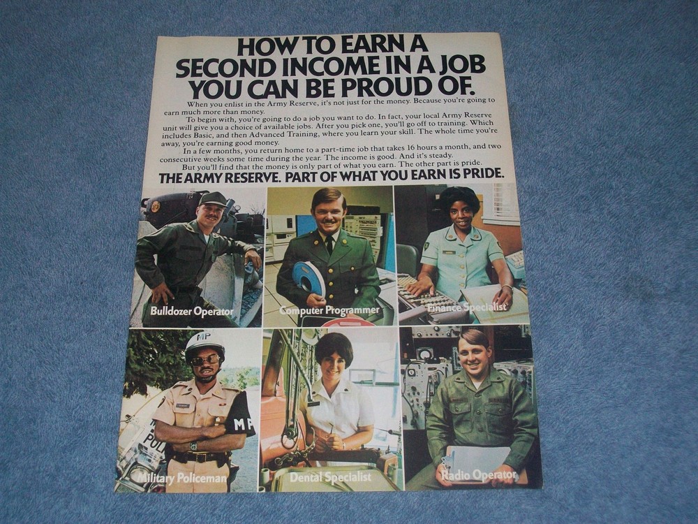 1975 Army Reserve Vintage Ad «How to Earn A Second Income….»