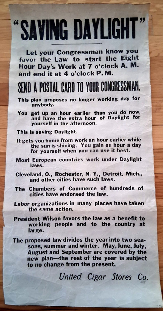 1917 Saving Daylight Original Advert Poster Linen 13×28 United Cigar Government