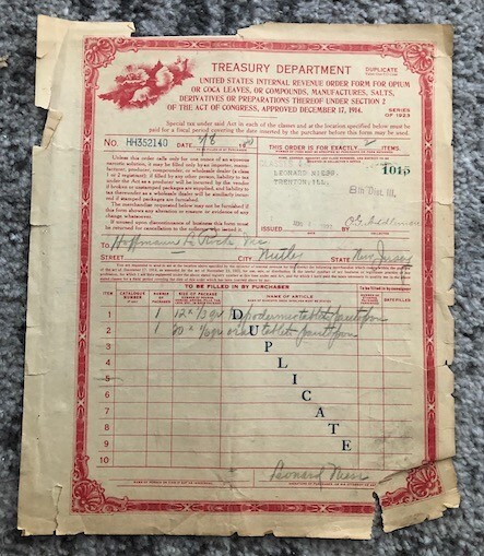 Antique IRS Treasury Department Paper Form 1920 for Opium Cocoa Leaves Sheet