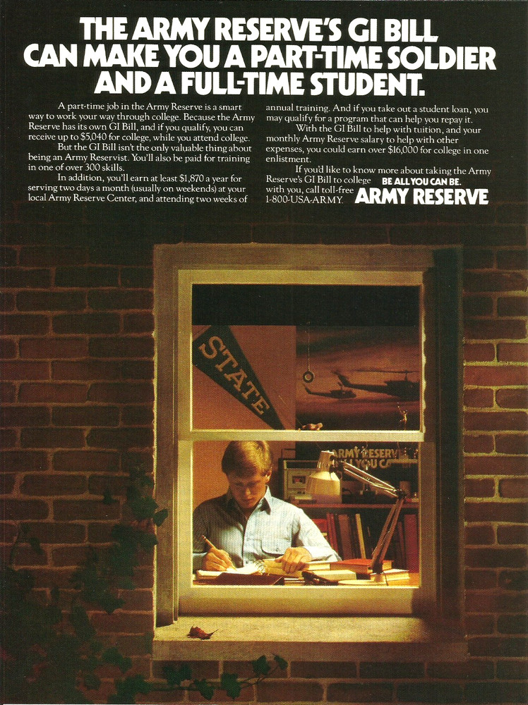 1989 US Army Reserve GI Bill Student Part-Time Soldier vintage Print Ad