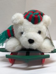 1995 USPS EXPRESS DELIVERY WHITE PLUSH CHRISTMAS TEDDY BEAR ON WOODEN SLED 11.5″