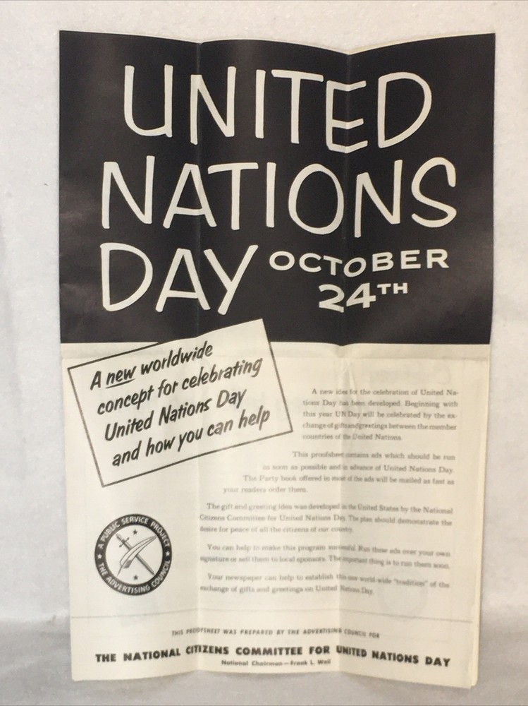 Rare 1952 United Nations Day Proof Sheet By The Advertising Council Frank W Weil