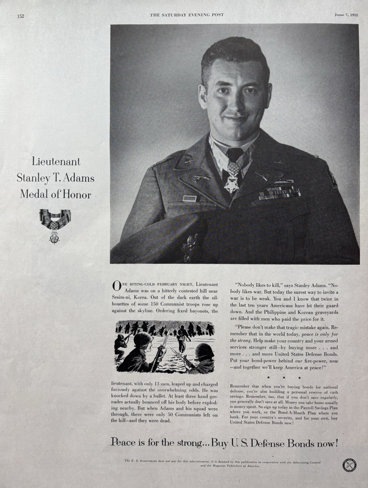 1952 U. S. Defense Bonds Medal Honor Stanley T. Adams Korea War VTG Print Ad