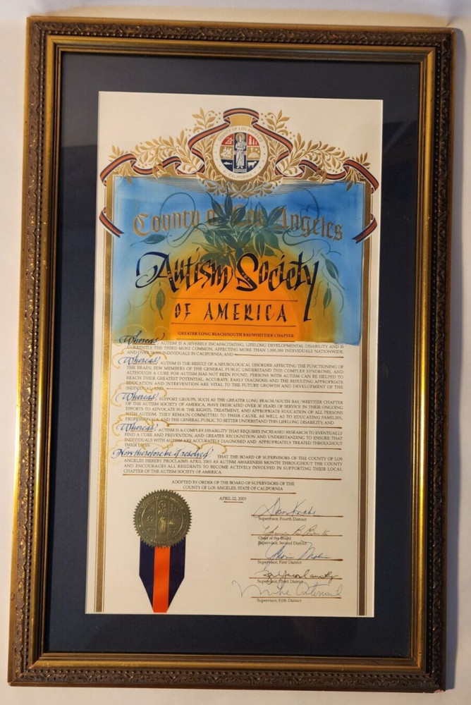 2003 AUTISM SOCIETY SIGNED PLAQUE LA CNTY BOARD SUPS KNABE, BURKE, MOLINA, ETC.