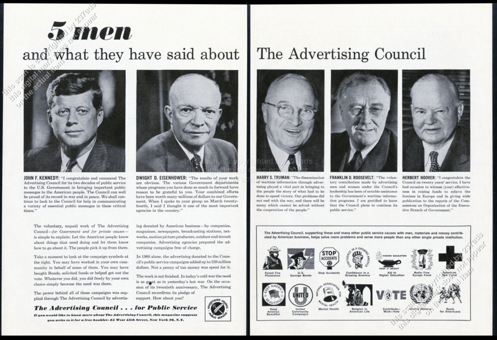 1961 President JFK Eisenhower Truman FDR Hoover photo Ad Council vtg print ad