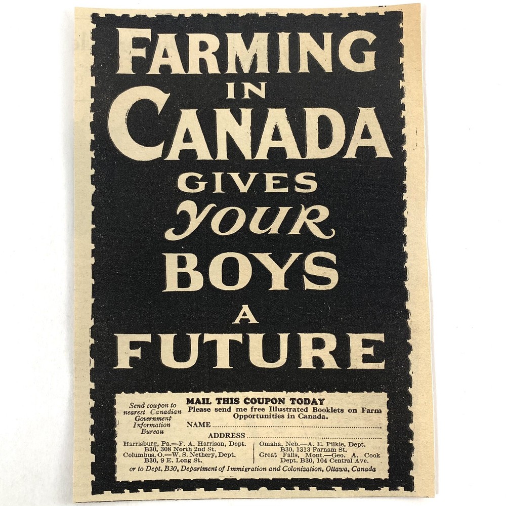 1927 Farming In Canada Gives Your Boys A Future Vintage Magazine Print Ad Old