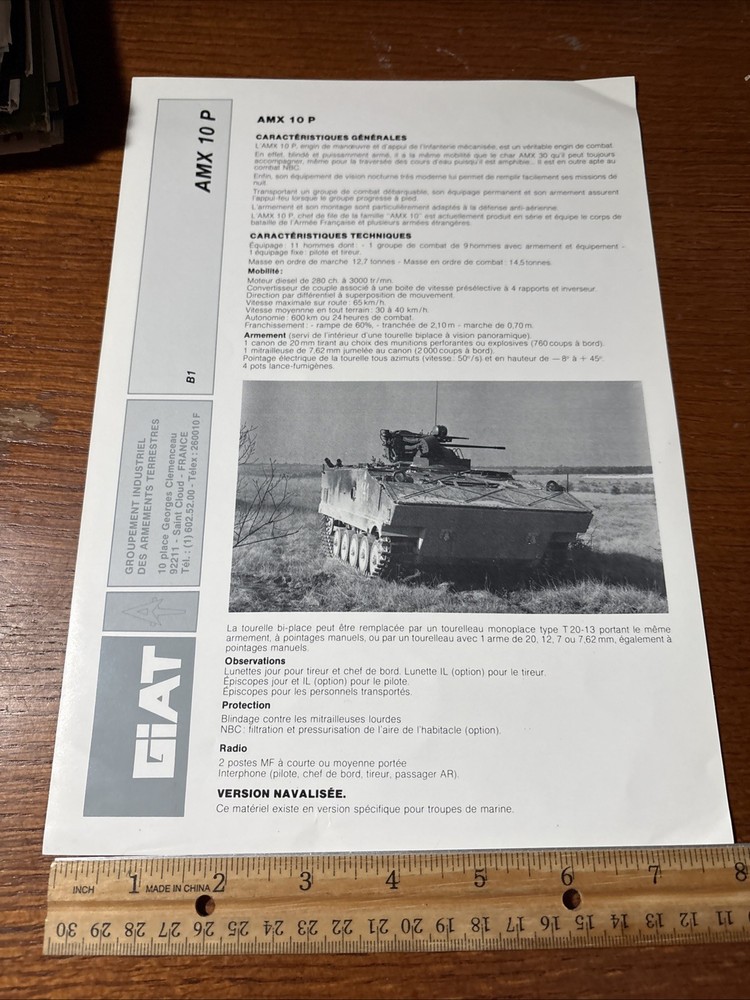 Vintage 1983 GIAT AMX 10 P French Military Brochure Infantry Transport Vehicle