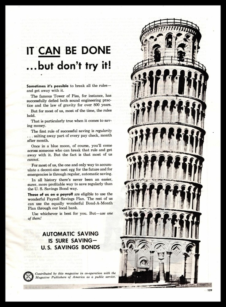 1949 U. S. Savings Bonds Bond A Month Plan Leaning Tower Of Pisa Italy Print Ad