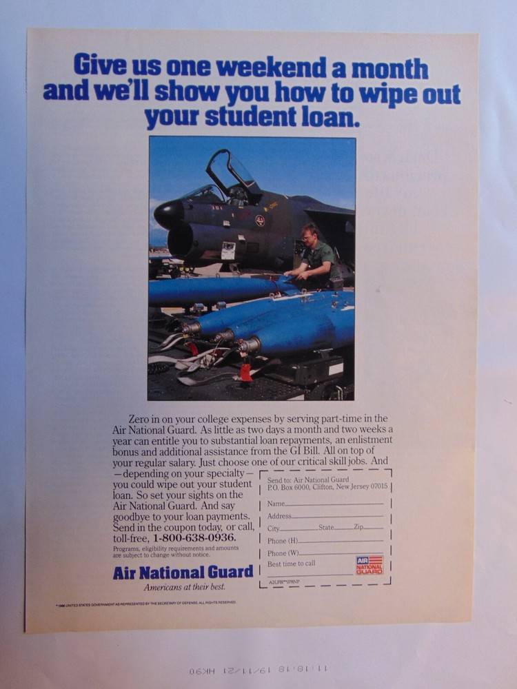 1988 AIR NATIONAL GUARD One Weekend a Month Wipe Out Student Loan print ad