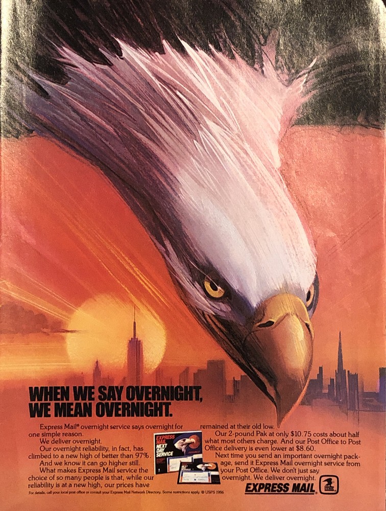USPS Express Mail VTG 1980s PRINT AD 1986 Eagle Say Overnight Mean Overnight