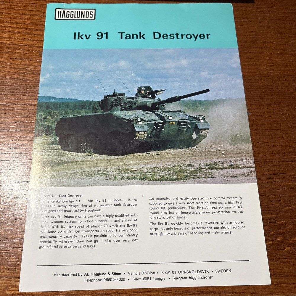 Vintage Hagglunds IKV 91 Swedish Army Tank Destroyer Military Vehicle Brochure