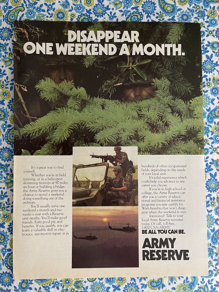 Vintage 1988 Army Reserve Recruitment Print Ad Disappear One Weekend A Month