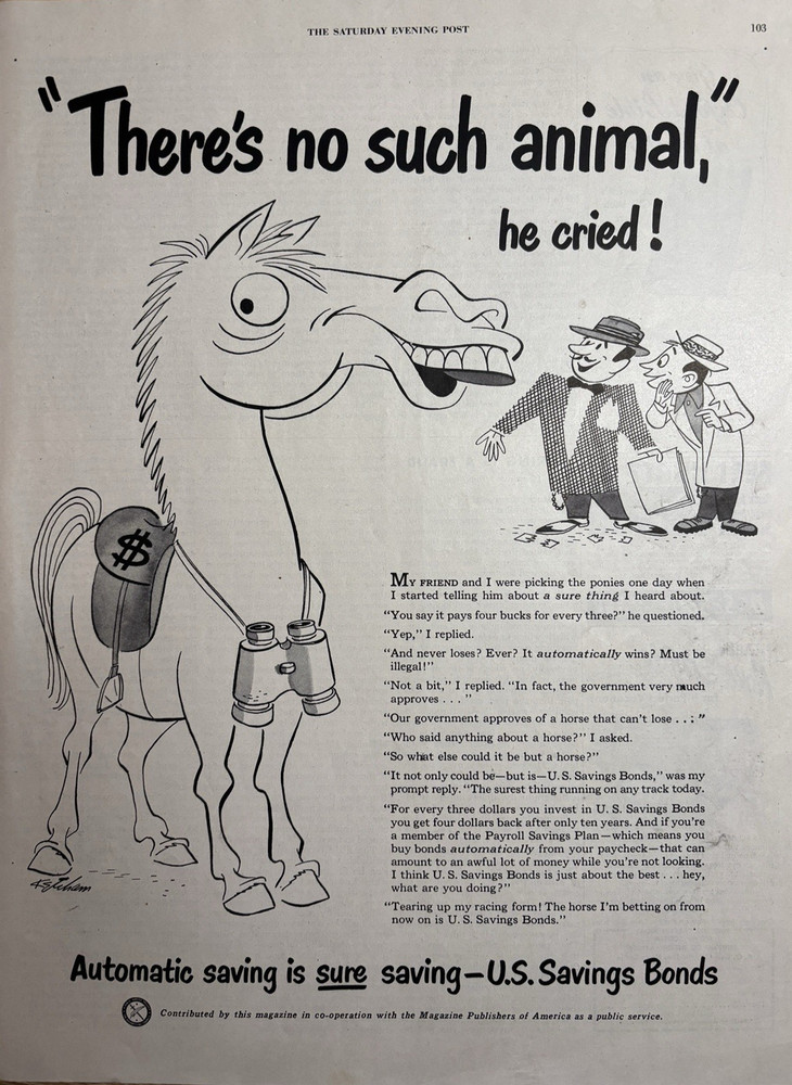 1954 U.S. Savings Bonds Automatic Horse No such animal Savings Plan VTG Print Ad
