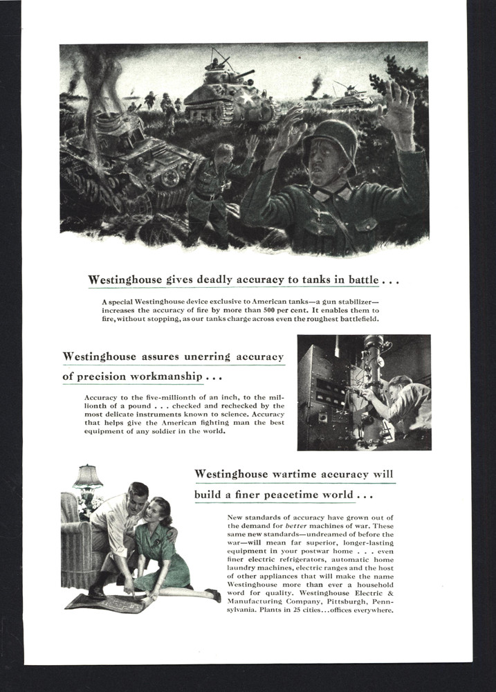1943 WESTINGHOUSE NAZI SOLDIERS SURRENDER TO AMERICAN TANKS VTG. MAG. PRINT AD