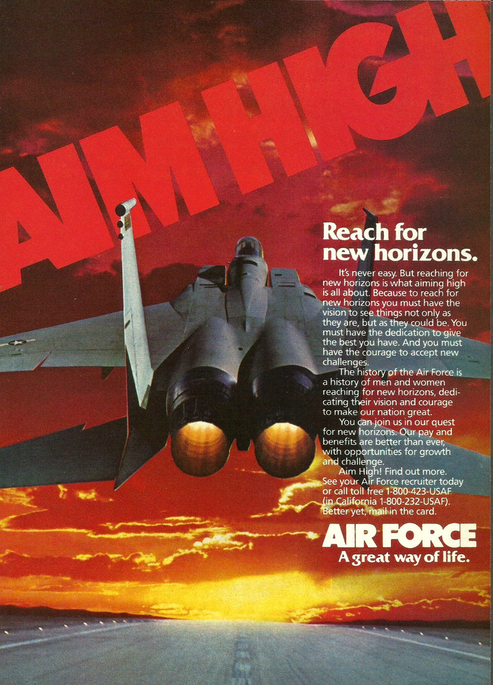1983 US Air Force Fighter Jet Taking Off Aim High New Horizons vintage Print AD