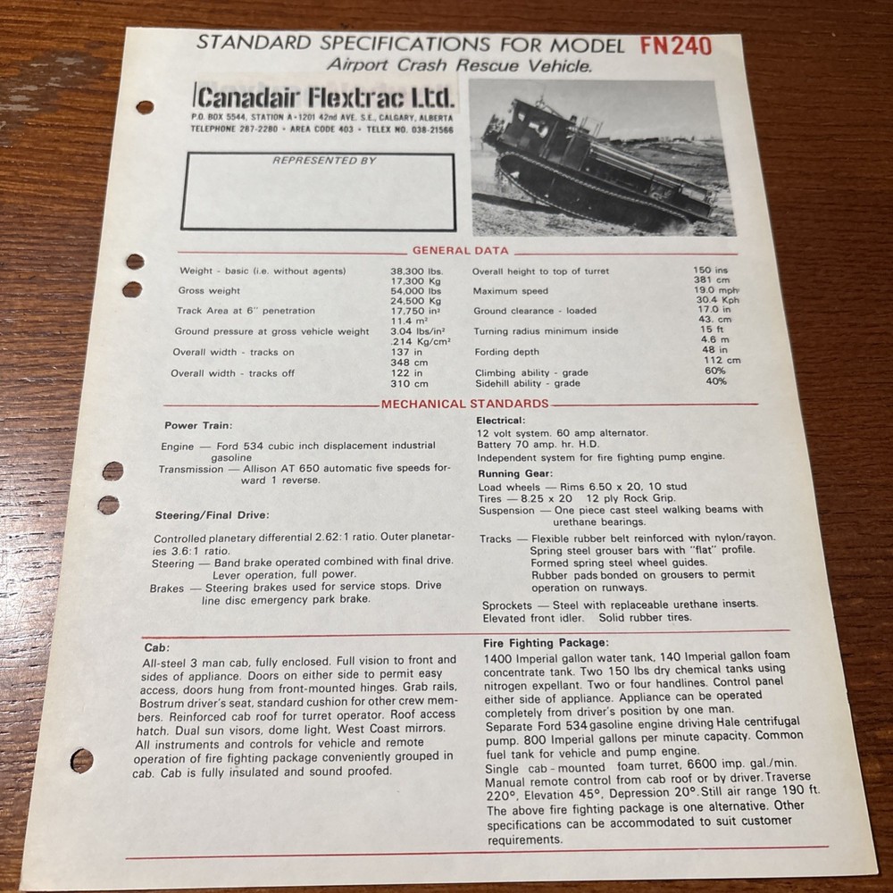 VTG 1973 Canadair Flextrac FN240 Airport Crash Rescue Vehicle Marketing Sheet