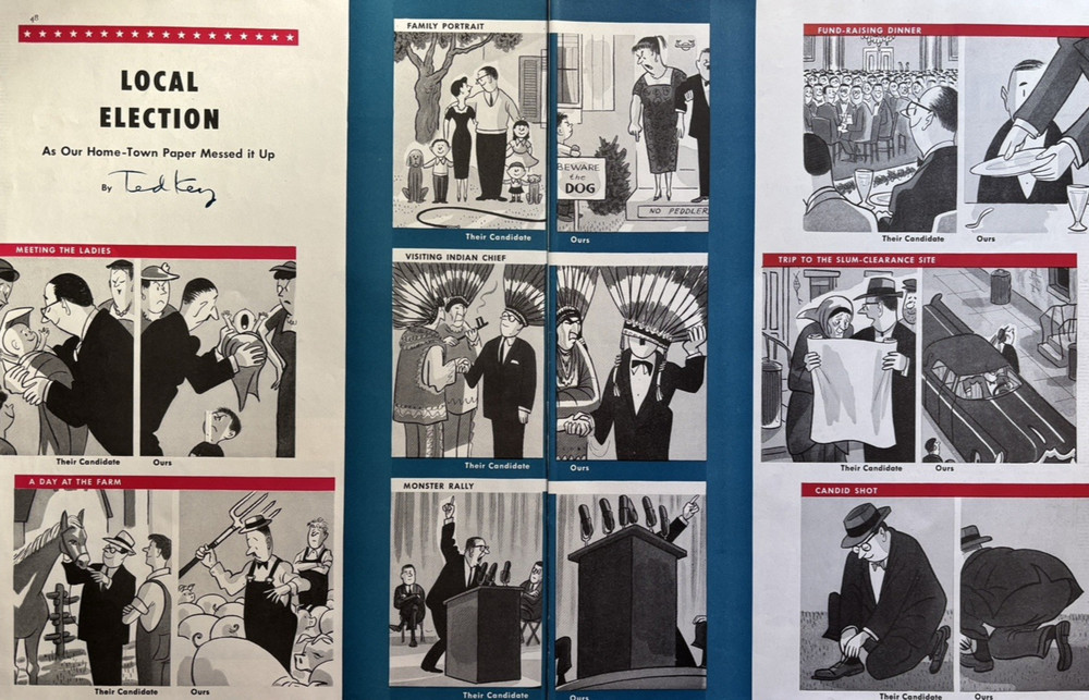1956 Ted Key Cartoons Local Election Politics Home Town Paper VTG 2 Page Funnies
