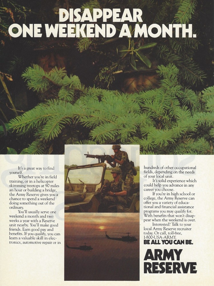 1988 US Army Reserve Disappear Recruitment vintage Print Ad Advertisement