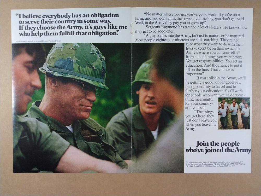 1975 US Army Recruitment Fort Hood Sergeant Soldiers photo vintage print Ad