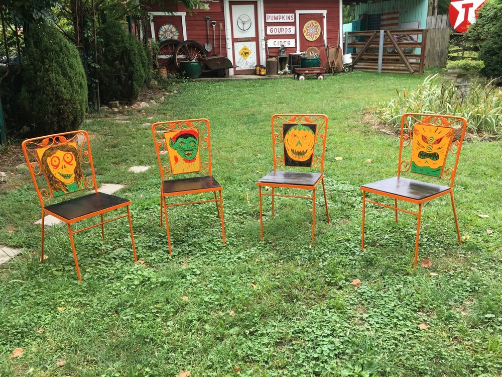 Carnival folk Art Haunted House Cast Iron Wood Back Halloween Chair Set Of 4