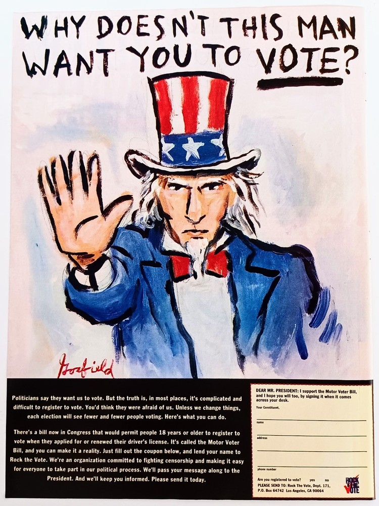 UNCLE SAM ROCK THE VOTE MOTOR VOTER BILL~VTG 1991 PROMO 8X11 MAG PRINT AD POSTER