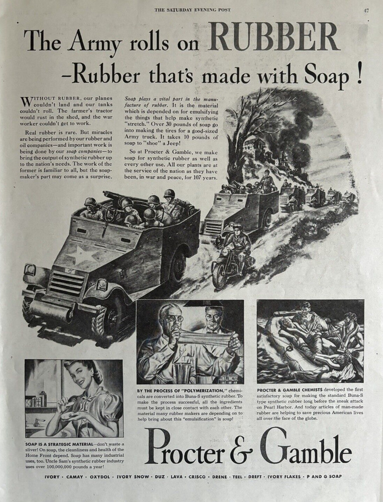 1944 Procter & Gamble Army Rolls Rubber Made With Soap WW II Vintage Print Ad