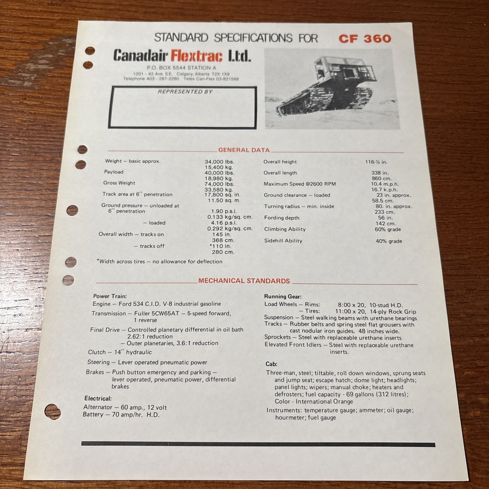 VTG 1974 Canadair Flextrac CF 360 Canadian Military Vehicle Marketing Sheet