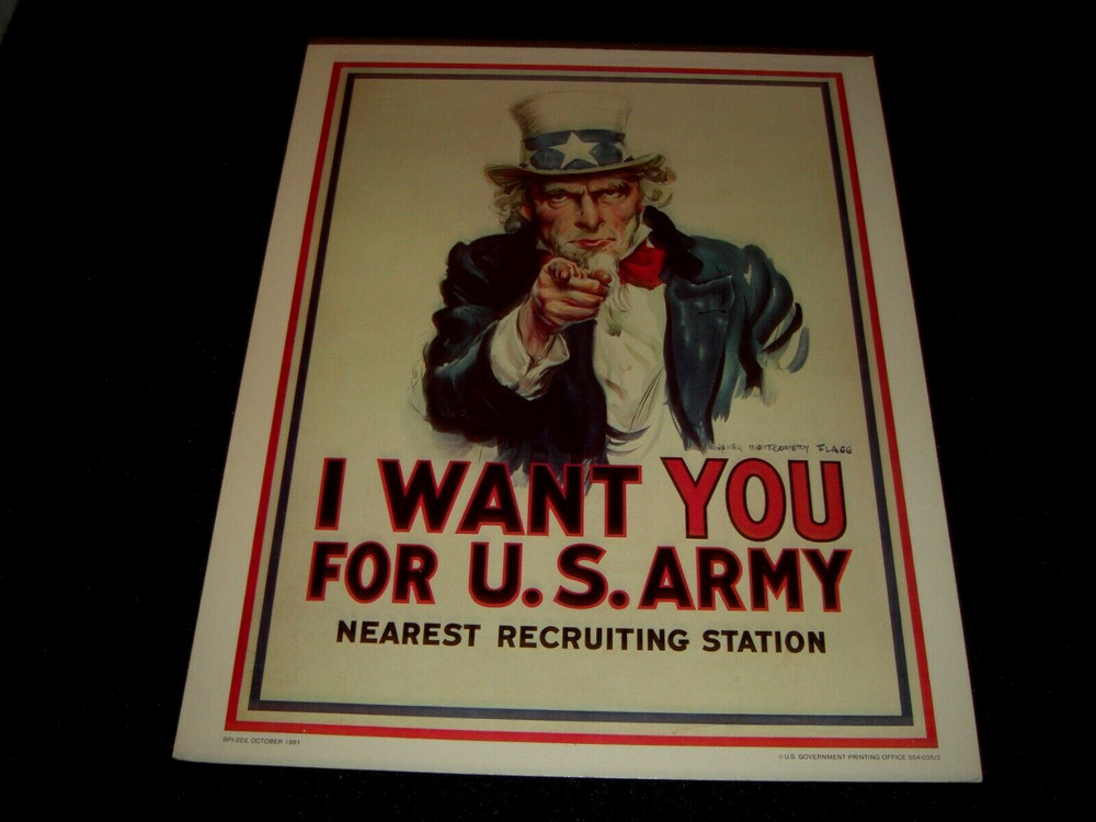 I WANT YOU FOR U.S. ARMY Recruiting Paper Board Sign 1981 Excellent Condition