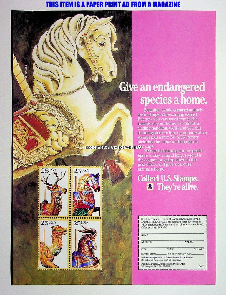 USPS Carousel Horse Stamps 1988 Trade Print Magazine Ad Poster ADVERT