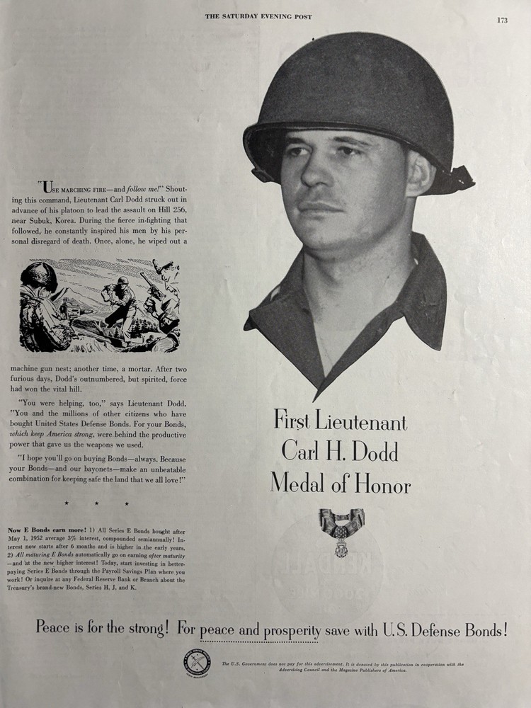 1952 U S Defense Bonds Medal Of honor Carl H Dodd Subuk Korea LT VTG Print Ad