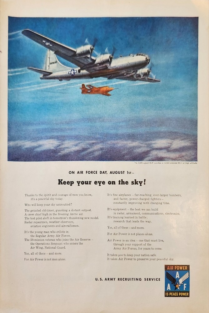 1947 U S Army Recruiting Service Vintage Ad Keep your eye on the sky