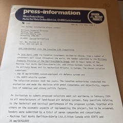 VTG 1986 Oerlikon-Buhrle Canadian Gov’t ADATS Missile System Press Release Photo