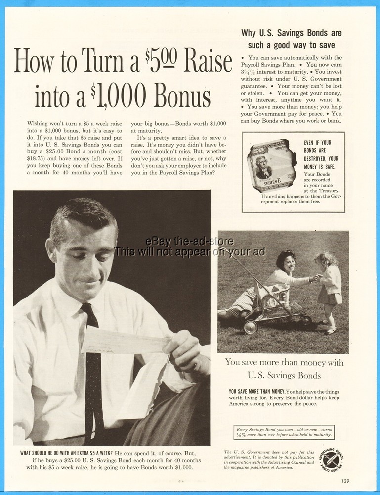 1960 US Series E Savings Bonds How to Turn a $5.00 Raise into a $1,000 Bonus Ad