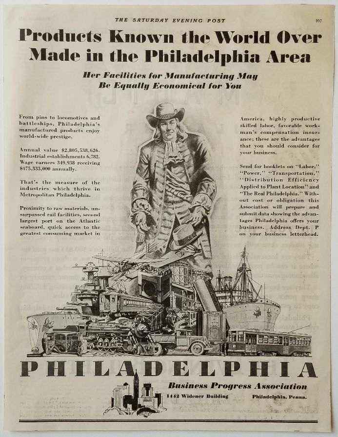 Philadelphia Business Progress Association 1931 Ad with Illustration