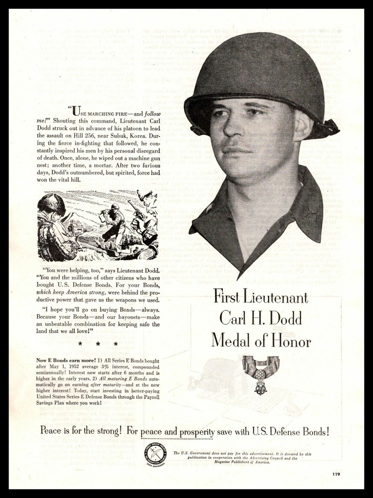 1952 U. S. Savings Bonds First Lieutenant Carl H. Dodd Medal Of Honor Print Ad