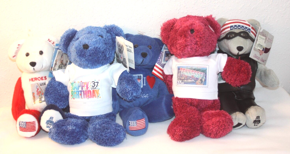 Group of 5 United States Post Office Plush Stamp Bears