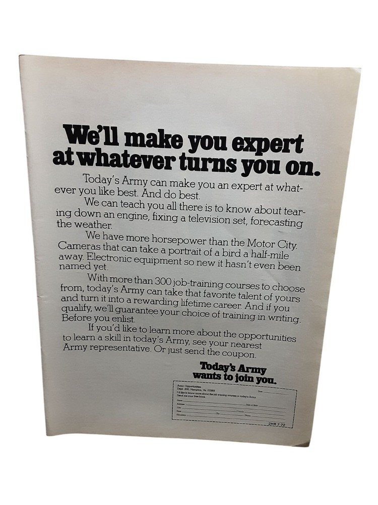 1972 U.S. Army Vintage Print Ad Well Make You Expert Recruitment