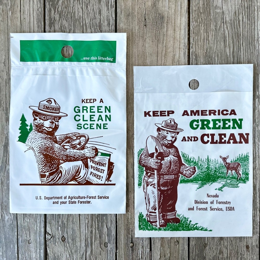 2 Diff Original Plastic SMOKEY THE BEAR LITTER Bag 1960s GREEN CLEAN Trash Sack